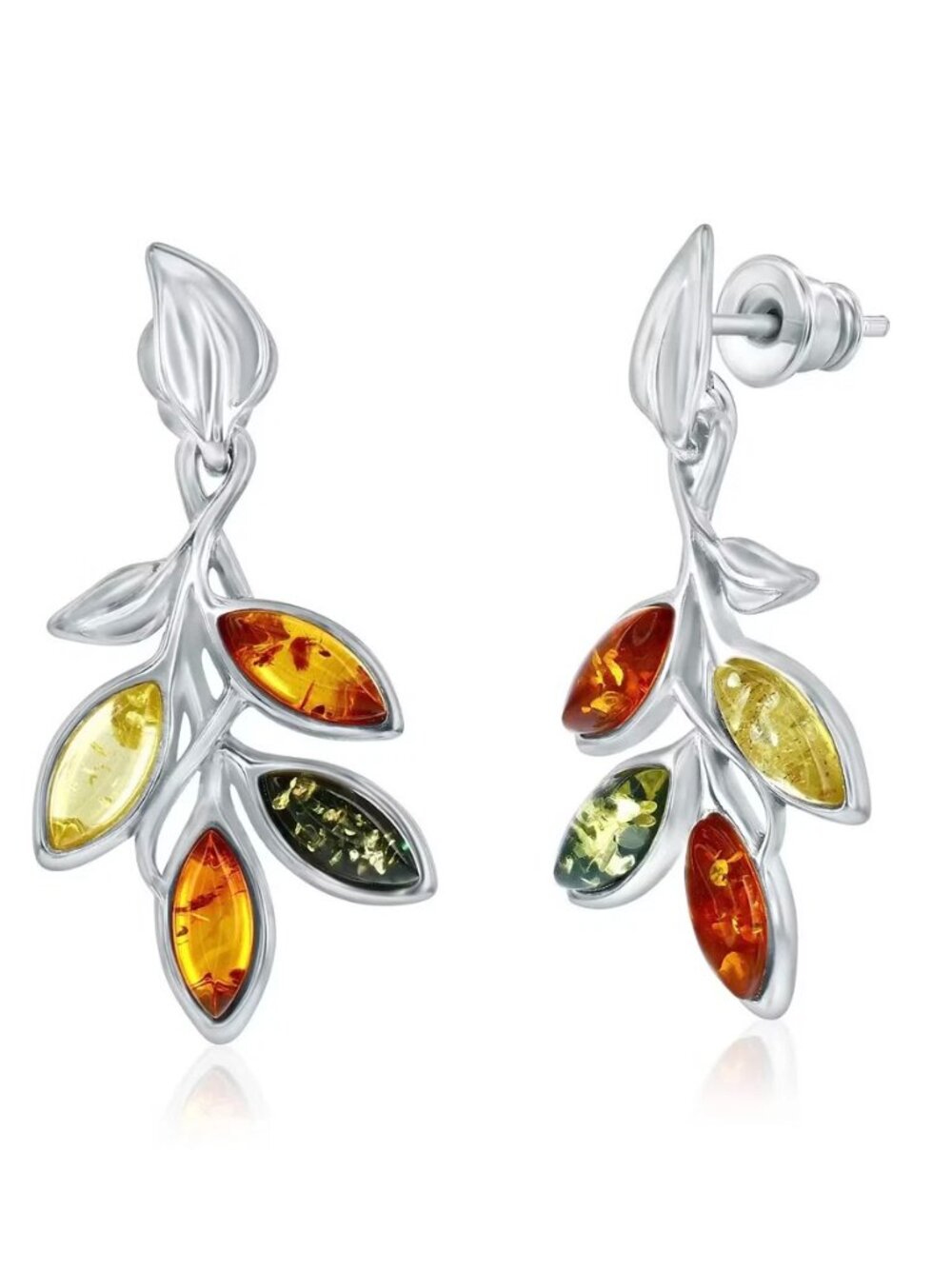 Baltic Amber Leaf Earrings in 925 Sterling Silver